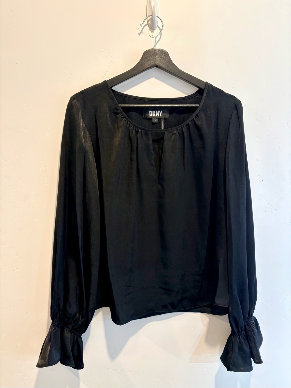 DKNY Black Long-Sleeve Silk-Look Blouse with Gathered Cuffs